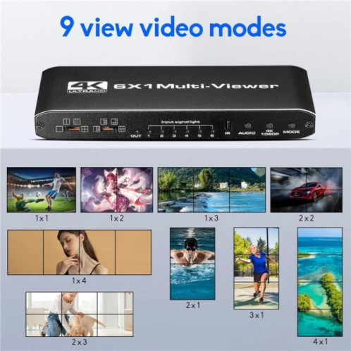 JQF2 4K Commutateur continu Séparateur d'écran Multi-modes d'affichage 6 entrées 1 sortie HDMI Multiviewer, Prise : Prise américaine SH9501819-09